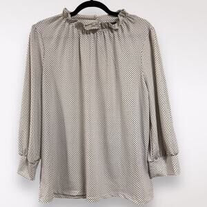 Adrianna Papell | Large Polka Dot White Black Long Sleeve Ruffle Collar Blouse